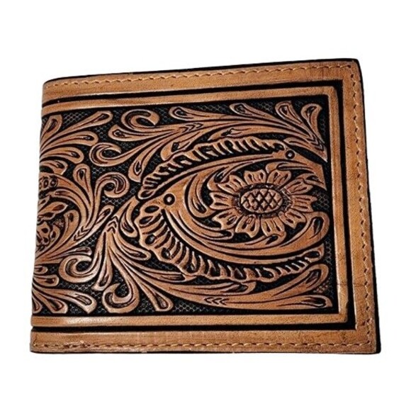Mens Tan Leather Bi-fold Wallet Floral Tooled by Ranger Belt Company C1301B - Picture 2 of 9